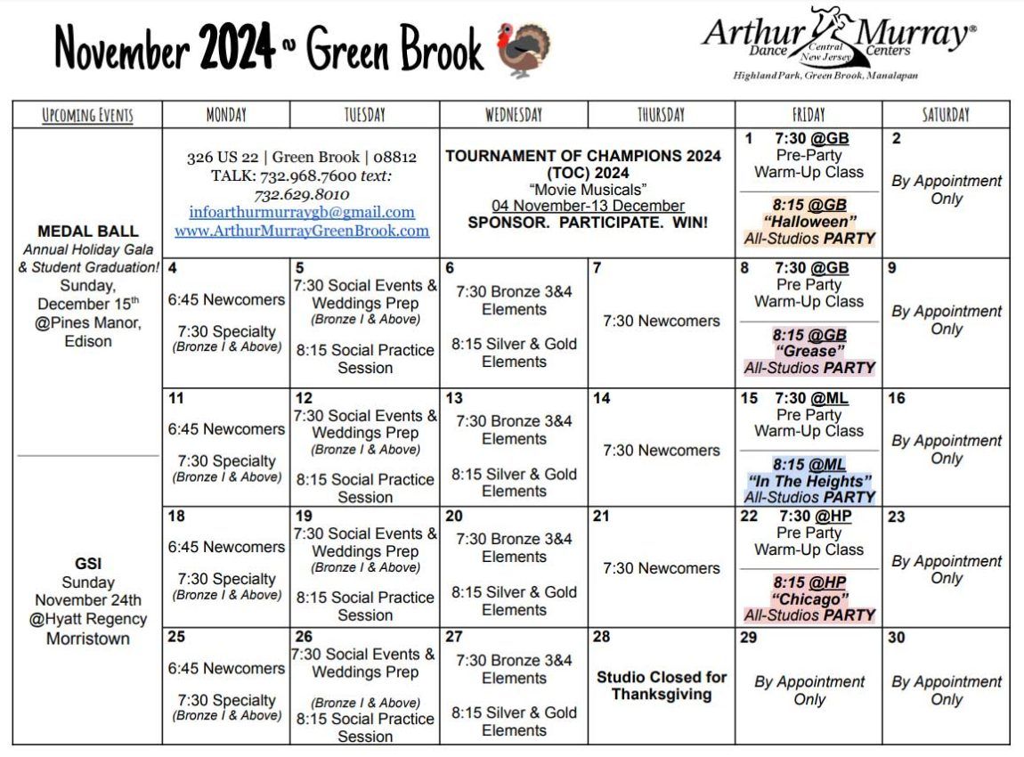 Arthur Murray Green Brook November 2024 Calendar